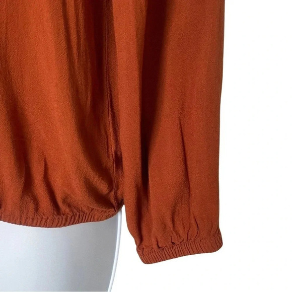 Express Burnt Orange Long Sleeve Blouse, Size Small, Lace-Like V-Neckline - Picture 6 of 10